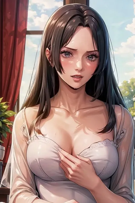 (((masterpiece))), (((best quality))), ((ultra-detailed)), (highly detailed CG illustration), Boa Hancock, (masterpiece:1.5), Detailed Photo, Sexy, (Best Quality: 1.4), (1girl), Beautiful Face, (Black Hair, long Hair: 1.3), Beautiful Hairstyle, beautiful d...