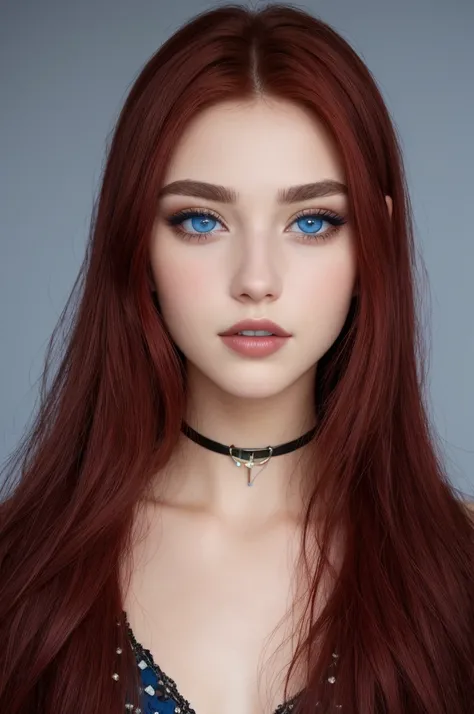 choker, blue eyes, eyeshadow, pupils, eyebrows, nose, lips, teeth, face, dark red hair, long hair, 1girl, solo