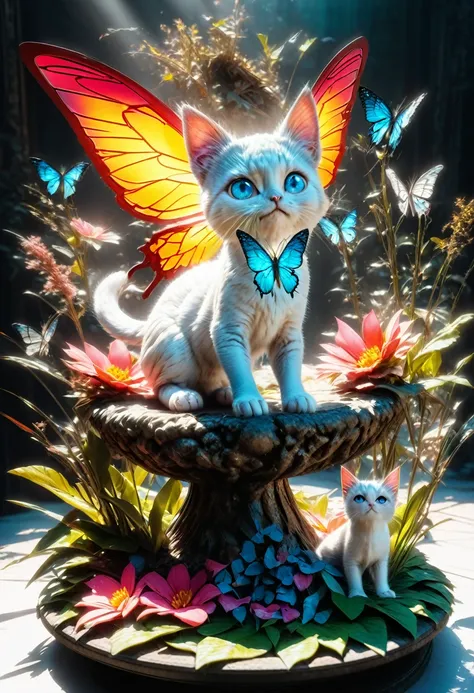 blue butterfly, aesthetic, An adorable grey and white kitten with upright ears playfully pounces among butterflies in a color-filled garden on a bright spring day. Radiant in the sunlight, its curious blue eyes epitomize cute baby animals. Pixar, Disney, c...