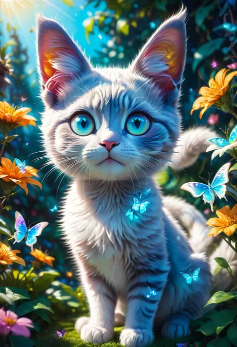 blue butterfly, aesthetic, an adorable grey and white kitten with upright ears playfully pounces among butterflies in a color-fi...