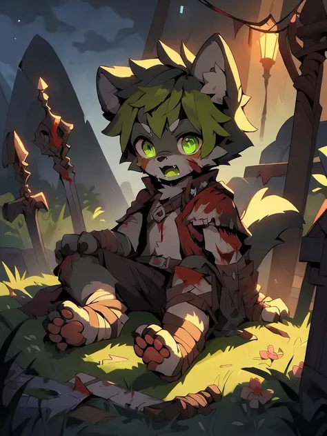 masterpiece, best quality, soft light, Intricate details, Soft lines, 16K,night,shadow,Dark Environment, my own, toy doll,Wolf Boy,Shota,hero,Both,hero Bothe,Undead,Broken body,skeleton,Huge Wound,Fangs,Black and fluorescent green hues,Paw pads,Wound,Fluor...