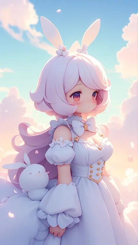 Bunny Morphing Girl, fluffy, soft ((highest quality)), ( Extremely detailed, Best details, Official Art, Beauty and aesthetics: 1.2), Depth of written border, composition, whole body, (a bit), (Beautiful and detailed: 1.3), (wonderful:1), Colorful clouds b...