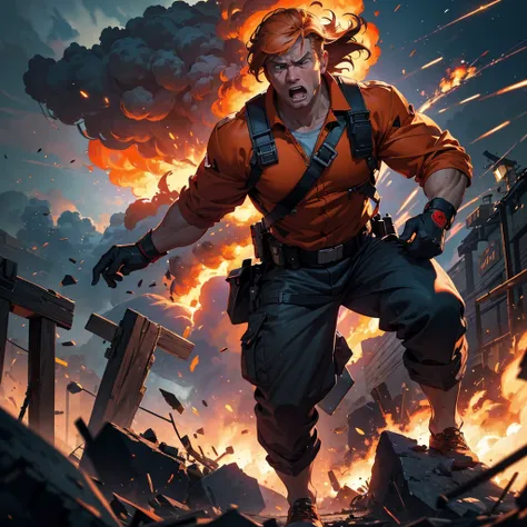 (best quality,4k,highres,masterpiece:1.2),ultra-detailed,(realistic:1.37),(HDR:1.1),(physically-based rendering:1.1), Donald Trump, action hero, massive explosions, fire all around, rescuing damsel, intense expression, superheroic pose, muscular physique, ...