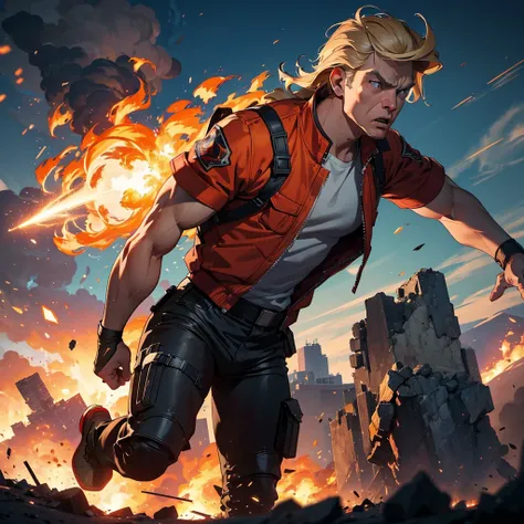 (best quality,4k,highres,masterpiece:1.2),ultra-detailed,(realistic:1.37),(HDR:1.1),(physically-based rendering:1.1), Donald Trump, action hero, massive explosions, fire all around, rescuing damsel, intense expression, superheroic pose, muscular physique, ...