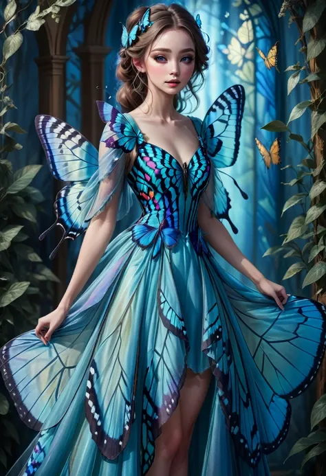 1girl, blue butterfly, butterfly dress, vibrant colors, delicate wings, flowing fabric, ethereal atmosphere, nature-inspired, dreamlike, soft lighting, intricate details, fantasy fashion, graceful movement, whimsical, magical, enchanting, surreal, painterl...