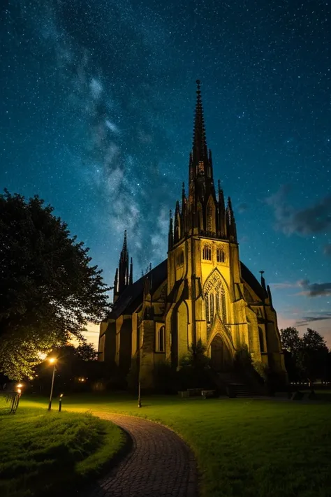 Gothic church on the left. In the background a night sky with few clouds. On the right side, a large tree with few leaves 