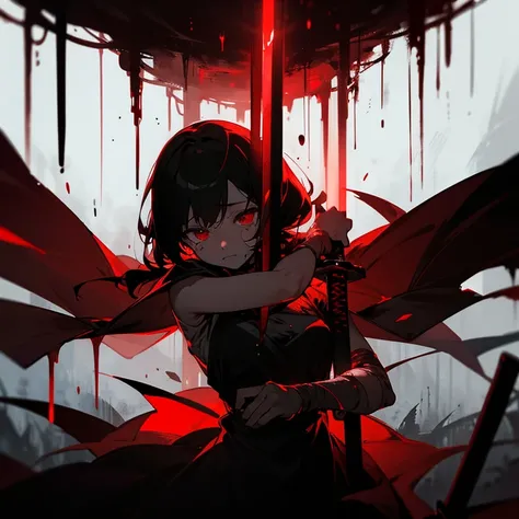 少女のdark影、Backlight、dark、Bloody、Holding a sword、Being restrained、black and red background、Are crying、Backlight、devastating、Rainforest、dark背景、Like the end of the world、high quality