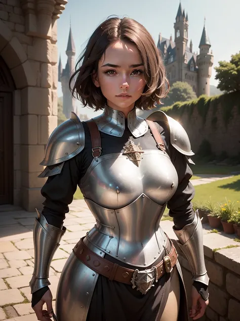 portrait of a girl, the most beautiful in the world, (medieval armor), metal reflections, upper body, outdoors, short hair, brown hair, sunlight, far away castle, professional photograph of a stunning woman detailed, sharp focus, , award winning, cinematic...