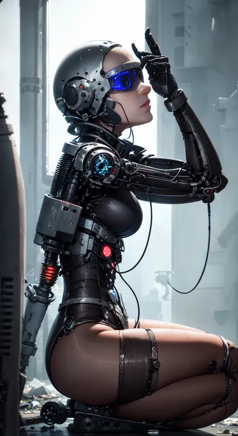 Cyborg woman stands motionless in the center of the abandoned bunker, her mechanical body, it seemed, merged with the environment. Steel plates, tubes, and wires, woven into her body, reflect dim light, penetrating through darkened windows..

Her face, exp...