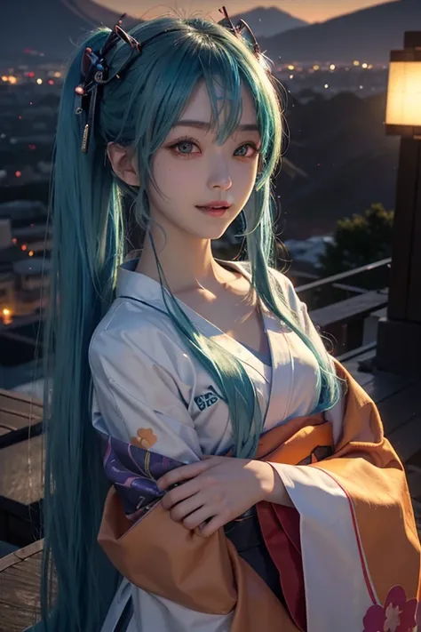 15 years old、woman、masterpiece, Hatsune Miku,yukata、Evil Smiley Face, Dark Skin, Red eyes, Iris, Pupil orange,A hilltop with a view of Mt. Fuji、front、cheek、(Chest empty:1,5)