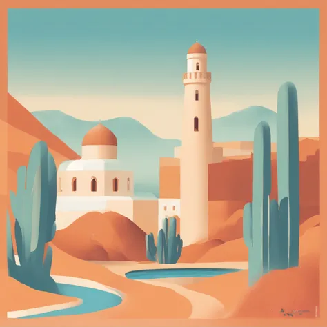 illustration of a Oman, Cities Of Oman, Muscat, Oman symbols, ,poster, jouful, , editorial illustration pastelcolor, Orange and blue, in style of james gilleard, illustration style, james gilleard artwork, flat illustration, in style of digital illustratio...