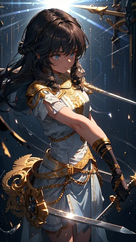 8k, best quality, masterpiece, Very detailed, Semi-realistic, A girl, A girl, 20 years old, Close-up holding long sword, Dark brown long hair，With bangs, curls, blue eyes, White Skirt, gold details, Thin body, outdoor, bright light