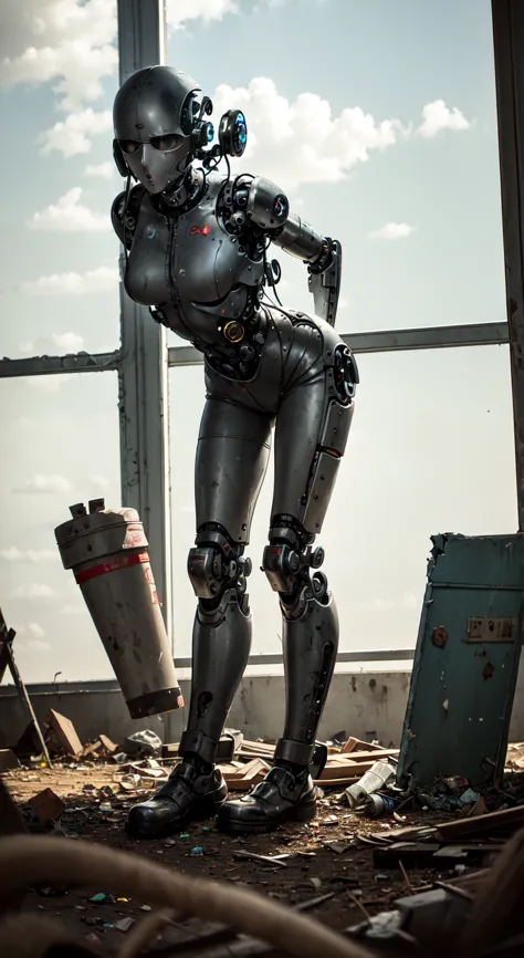 cyborg woman stands motionless in the center of the abandoned bunker, her mechanical body, it seemed, merged with the environmen...