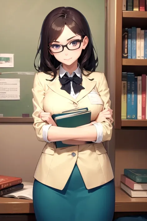 A female teacher loves perfection, looking fierce. She wears glasses and hugs books.

