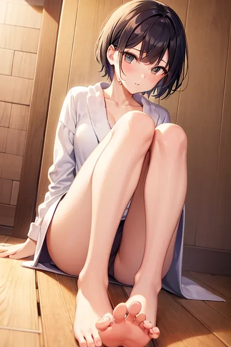 1girl,solo,leg up,barefoot,foot focus,foot up,short hair,bathrobe,sauna