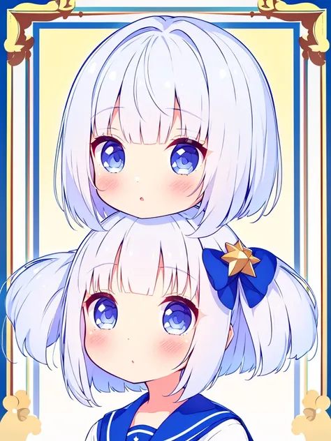 1 girl in、Silver-haired shorthair、bob cuts、(Iridescent eyes)、Beautiful eyes、White sailor suit、a sailor suit、Chibi Chara、From head to thigh、(High resolution of the highest quality)、((Masterpiece Highest Quality:1.2))、[[bad face]], [[Fused fingers]]