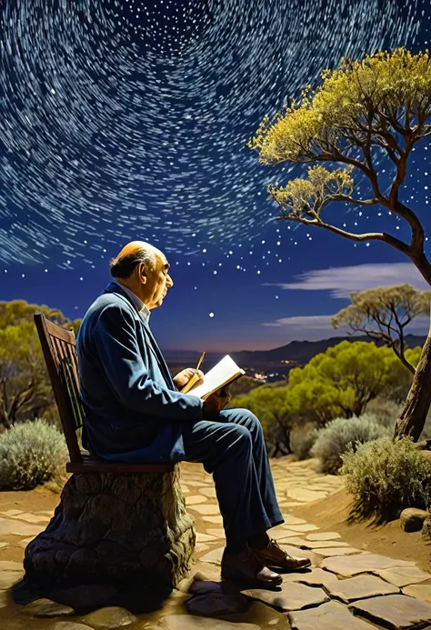 En el centro de la imagen, aparece un hombre que evoca la figura de Pablo Neruda, con un gesto concentrado mientras escribe en un cuaderno. It is surrounded by the described night landscape: un cielo estrellado y profundo, donde las estrellas titilan en to...