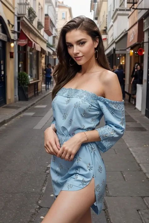 Brunette hair, Slick Back hair, smile, beautiful hand, beautiful legs, beautiful finger, beautiful foot, Slim waist, slim hips, slim thighs, skinny body, Tall, Small Ass, natural tits, full body, picture take entire-body, Blue Eyes, Oval Face, Earrings, sh...