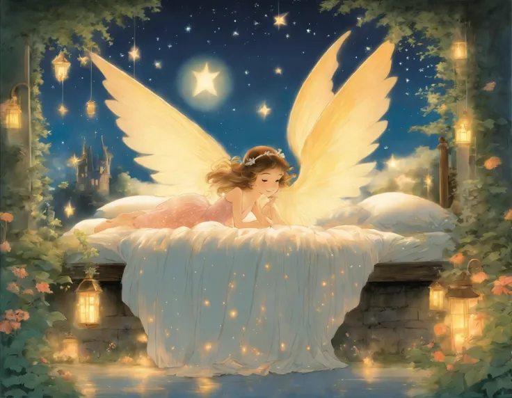 painting of a  sitting on a bed with a night sky background, by Ida Rentoul Outhwaite, flying fairies, flying angels, very magical and dreamy, fairy dust in the air, fairies, .. if only i could sleep, inspired by Ida Rentoul Outhwaite, by Ruth Sanderson, b...