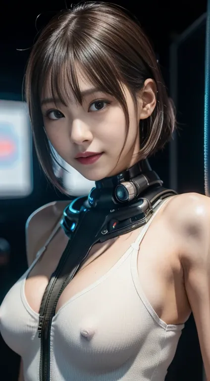 (8k, RAW Photos, highest quality, masterpiece:1.2), (Realistic, photo-Realistic:1.37),(Japanese female models), cute,ピンクneon,cyber punk,Cinema lighting, Photon Mapping, Physically Based Rendering,(cyber punkな背景),Bobcut,Machinery Parts,Grey Eyes, White rubb...