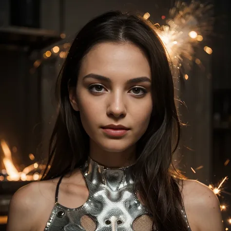 a woman, 25ear old, long brunette hairs, textured skin, a lot of details, dans une fonderie, molten metal, Sparks, peau moite, salopette en cuire