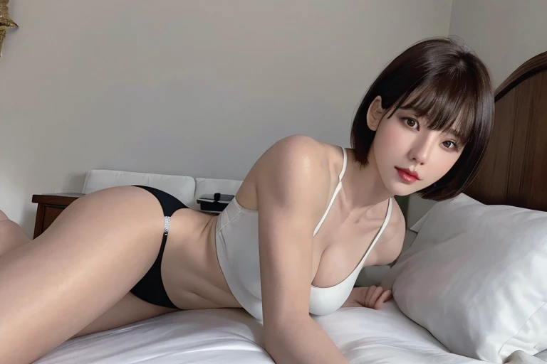 16k, ultra-detailed, realistic, high quality, There is a woman lying on the bed, delicate muscular girl,  21 years old, pale-golden short hair, cute bangs, goth makeup, posing on the bed, sexy, In my bed, posing sexy, young, Head: 1.3 , (Korean K-pop idol)...