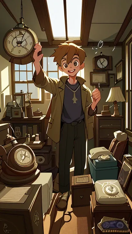 Shift focus to inside Alexs apartment, cluttered with vintage and antique items. Light streams through the window, illuminating Alex as he rummages through storage boxes. His eyes light up with excitement as he uncovers an old wall clock hidden among the i...