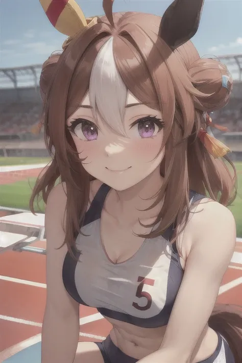 copano rickey (umamusume), ((ultra-detailed face)), symmetrical face, beautiful face, (masterpiece), best quality, muscle, abs, horse tail, large tits, smile, athletics track, sports bra, hand between legs, stadium