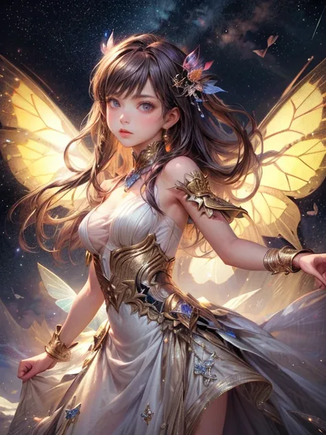 (masterpiece:1.2. 8k, best quality,highres, ultra-detailed, photorealistic:1.37),cute girl, sparkling eyes, shining lips, white dress, rainbow butterfly wings,standing in the snow,starry sky(milkyway), cute girl in a beautiful dress, beautiful fantasy, fan...