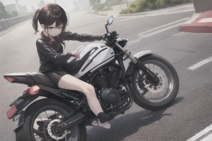 masterpiece, highest quality, One girl, (cigarette:1.0), Riding on motorcycle, View your viewers, , 、
The bike is tilted towards the viewer and slides.、Applying the brakes,Put one foot out、Dust rises after braking、
 