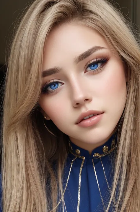 choker, blue eyes, eyeshadow, pupils, eyebrows, nose, lips, teeth, face, dark blonde hair, long hair, 1girl, solo