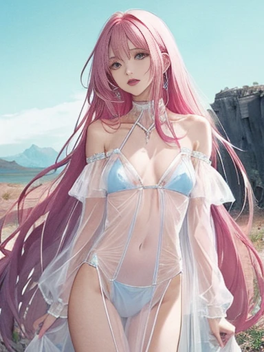 Beautiful slim perfect body、Very long pink hair、Cool look、Systemic manifestationedium chest、Off-the-shoulder white bikini armor、Light blue see-through dress、The background is a dark and desolate land