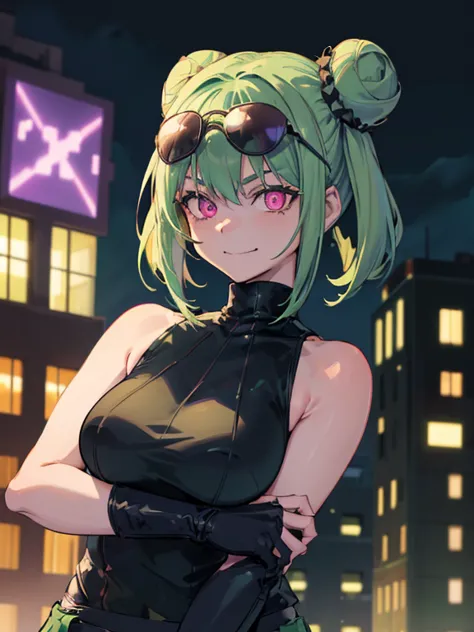 (highres), (detailed), close-up,1 girl, alone, medium hair, pastel green hair, twin buns, evil smile, glowing eyes, violet eyes, round black sunglasses on head, black sleeveless turtleneck top, green shorts, dark brown boots, night, dark, buildings backgro...