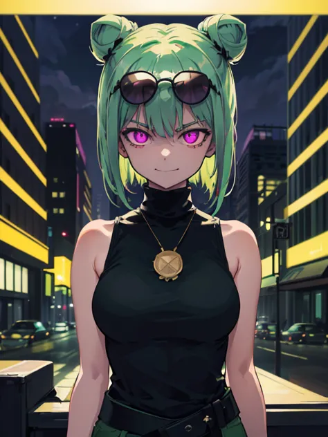 (highres), (detailed), close-up,1 girl, alone, medium hair, pastel green hair, twin buns, evil smile, glowing eyes, violet eyes, round black sunglasses on head, black sleeveless turtleneck top, green shorts, dark brown boots, night, dark, buildings backgro...