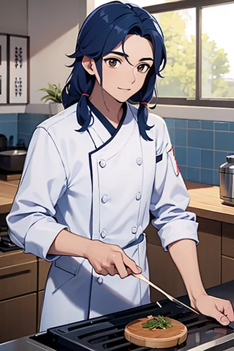 Hombre joven, cabello rapado a los lados color rubio peinado hacia arriba, light brown eyes, dressed in a white chef suit with blue lines cooking in a kitchen Japanese food.