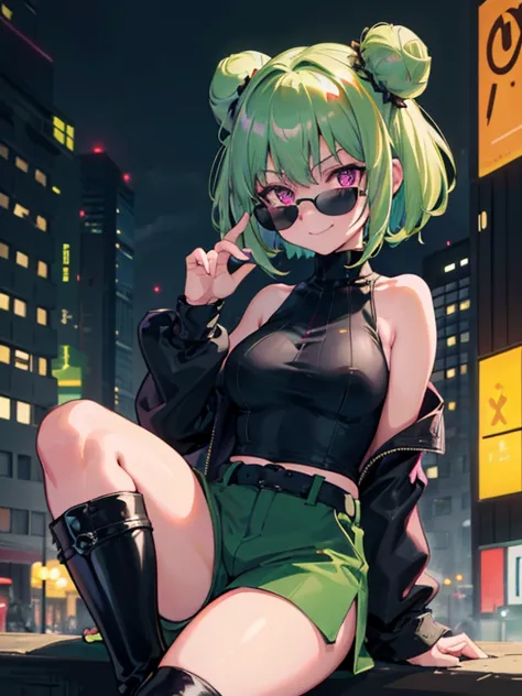 (highres), (detailed), close-up,1 girl, alone, medium hair, pastel green hair, twin buns, evil smile, glowing eyes, violet eyes, round black sunglasses on head, black sleeveless turtleneck top, green shorts, dark brown boots, night, dark, buildings backgro...