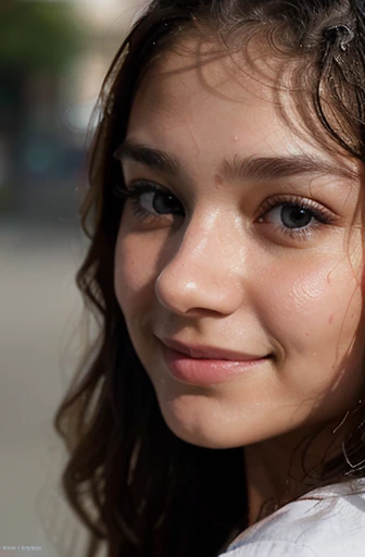  there is a close up face of a 15 old years old girl face with a wet face, hyper realistic nose, ultra-realistic , hyperrealistic , hyper realistic eyes, highly realistic, ultra realistic , detailed realistic lips, ultrarealistic , hyperrealistic photo, re...