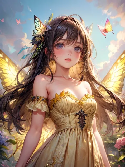 masterpiece, highest quality, 8k, highres, beautiful highest details, soft sunlight, butterfly spirit girl, in flower garden, ye...