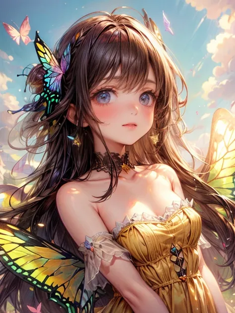 masterpiece, highest quality, 8k, highres, beautiful highest details, soft sunlight, butterfly spirit girl, in flower garden, yellow dress, bare shoulder, strapless, tears, rainbow butterfly wings:1.2, flying sky:1.2, view from below, delicate eyes, sparkl...