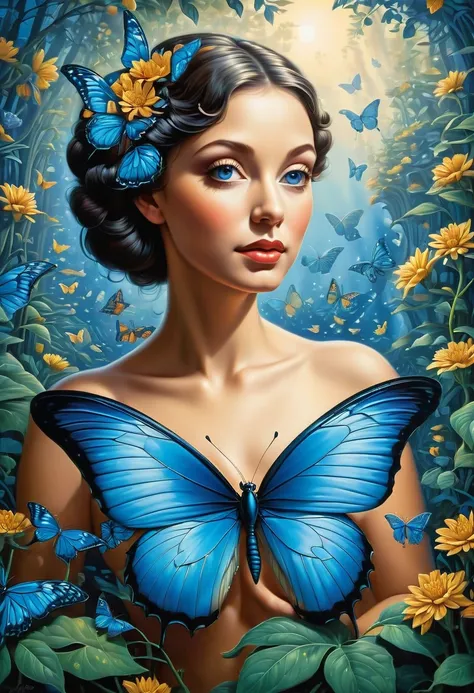 blue butterfly, by Rob Gonsalves, best quality, masterpiece, very aesthetic, perfect composition, intricate details, ultra-detailed