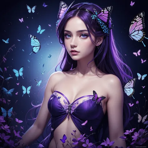 beautiful Woman with butterflies in her hair "girl" (digital art), hyperdetalization,stylization,poster,composition,purple-blue background,lots of details,beautiful
