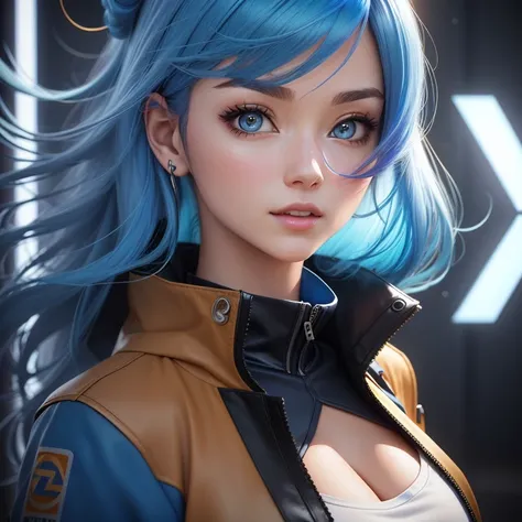 Anime-style image of a woman with blue hair and a brown jacket, Anime Style. 8k, Realistic Anime 3D Style, Photorealistic anime girl rendering, Cute 3D anime girl render, Anime Styled 3d, Anime Style 4 k, 3D Anime Real, Stylized anime, 8K Portrait Renderin...