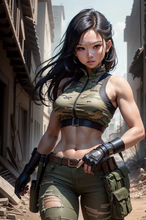 Create a masterpiece with the highest quality and attention to detail, aiming for a photorealistic portrayal of a Filipino woman wearing a solider uniform. The artwork should have a cinematic feel and be rendered in ultra-high resolution (8k).

The composi...