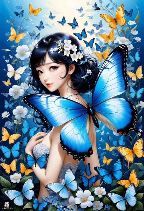 blue butterfly, (masterpiece, best quality, Professional, perfect composition, very aesthetic, absurdres, ultra-detailed, intricate details:1.3), by Chiho Aoshima