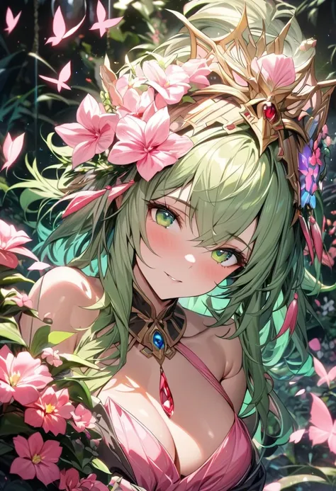 (absurdres, highres, ultra detailed, HDR) master piece, best quality, perfect face, Tiki, light-green hair, expressive green eyes, Fire Emblem Awakening, solo, girl, extremely beautiful, pretty, glass pink flowers, glass pink petals, glass pink butterflies...