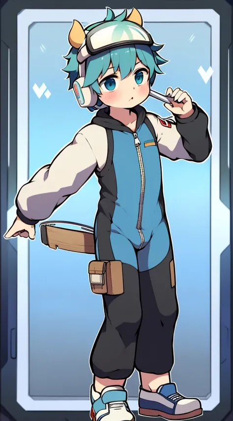 2D Boy Shota，One-piece mountaineering suit，Put the headphones on your head，permanent，goggles，trumpet，Cow ears，sports shoes，Pull down the zipper，Standing