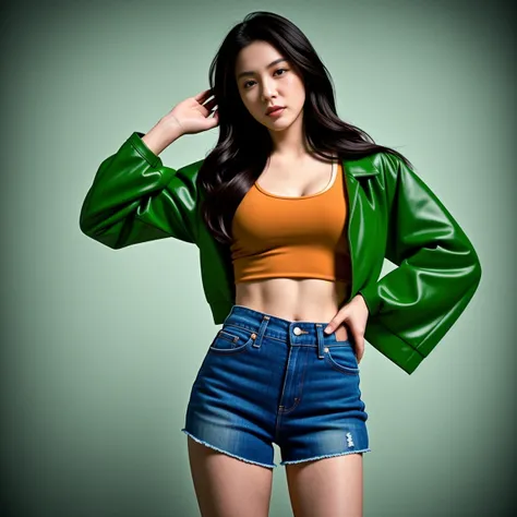 "Beautiful young woman, 30 years old, His long hair flowed up.,) bright dark green leather jacket,) Floating waist, abdomen moist, shiny, perfect and strong.,) ,sexy denim shorts,)  Album cover art by Yang J, Social trend CG, Beautiful cowboy, cowgirl, wes...