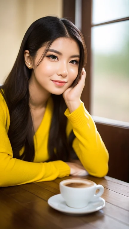 a close up of a woman sitting at a table with a cup of coffee, palace ， a girl in hanfu, a young woman as genghis khan, beautiful oriental woman, 