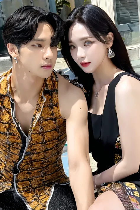 1 woman and 1 man, couple, Short hair down to the shoulders, chest, forehead, black hair, One piece possession, See-through dress, brown eyes, bijouterie, seat, face to face conversation, earring, parted Lips, sleeveless women&#39;s clothing, inside, mediu...