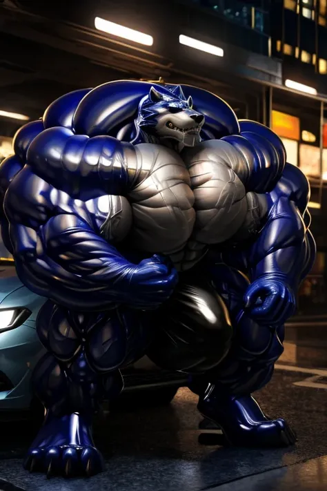 （corruption)), jeans,,solo,unreal engine,perfect light，detailed, photorealistic, 4k, hd,  good anatomy, high quality, best quality, concept art, photorealistic, (very hyper muscles:1.4)(hyper pecs)（long thick thighs:1.3）(Huge bulge:1.3),wolf,City,High-rise...